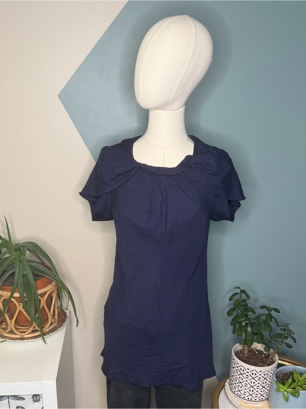 Shoshanna Silk Navy Petal Collar Jacquard Blouse Medium - Picture 3 of 12